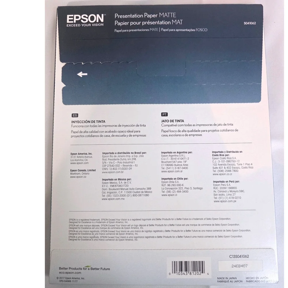 Epson Presentation Paper Matte 8.5x11 100 Sheets S041062 Inkjet Paper White